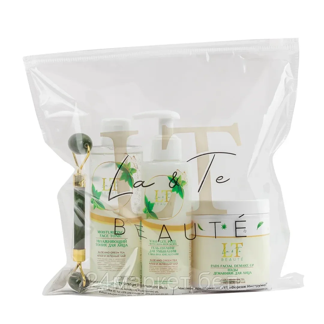 LT-41 Набор Алоэ и зеленый чай(массажный ролик( зеленый).ПЭДЫ.тоник для лица.гель-пилинг для умывания с AHA-BHA кислотами,пакет250*250) La and Te beaute