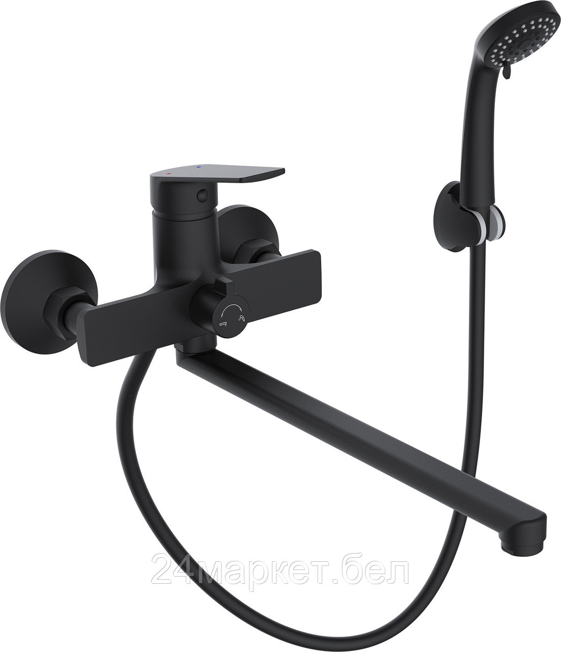 Смеситель для ванны D35-A черный, серия 800 ECONOCE (Длинный L-излив, длина 323 мм, лейка и шланг в комплекте, поворотный) EC0807BL