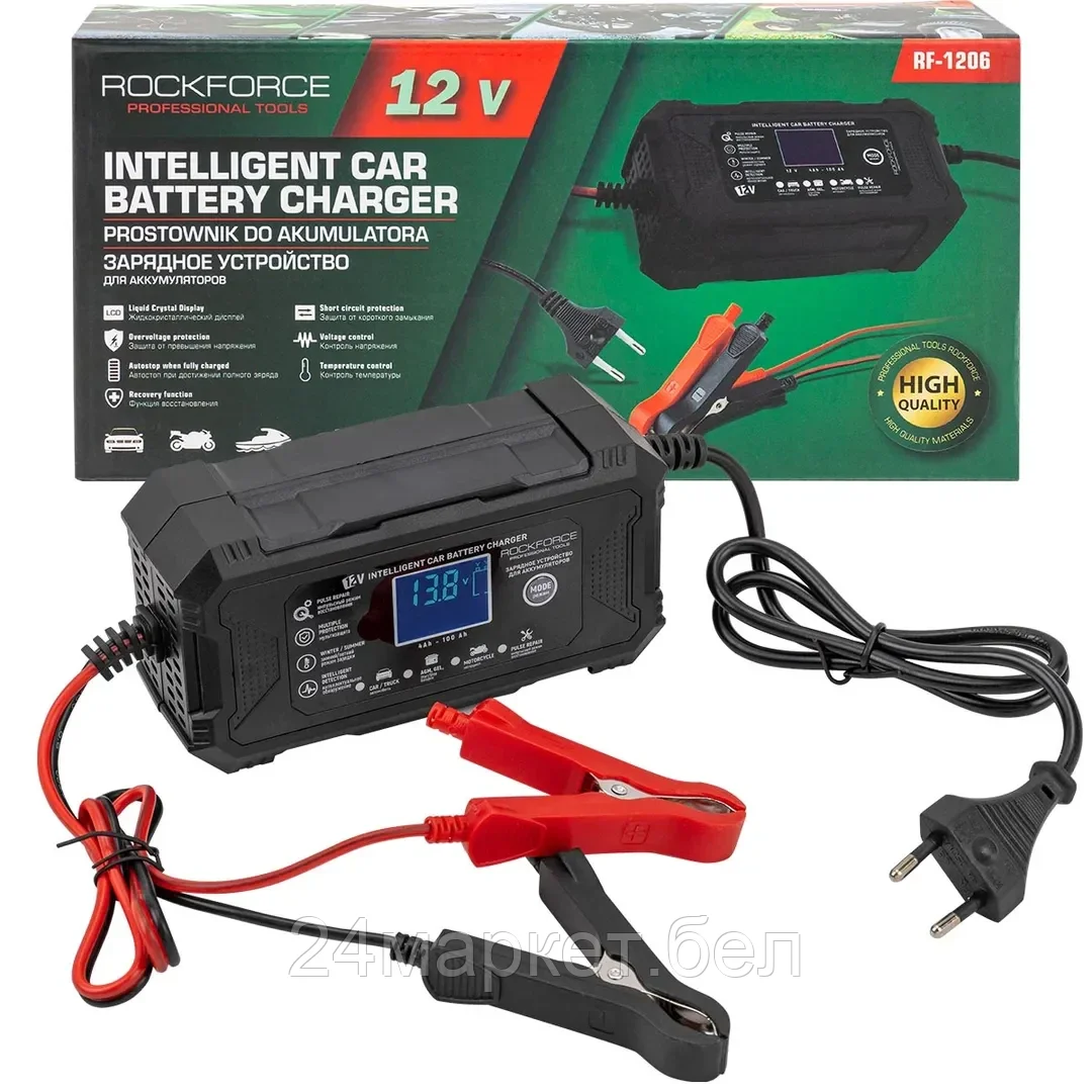 RF-1206 RockFORCE Устройство зарядное импульсное для АКБ с жидкокристаллическим дисплеем (12В,автостоп,функция восст.-я,защита от превыш.напряж. и короткого замыкания)