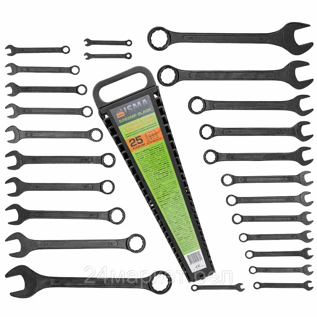 ISMA-5262MP BLACK Набор ключей комбинированных 25пр. (6-9,10х2шт,11,12х2шт,13х2шт,14х2шт,15,16,17х2шт,18,19,21,22,24,27,30,32),в пласт. держателе ISMA