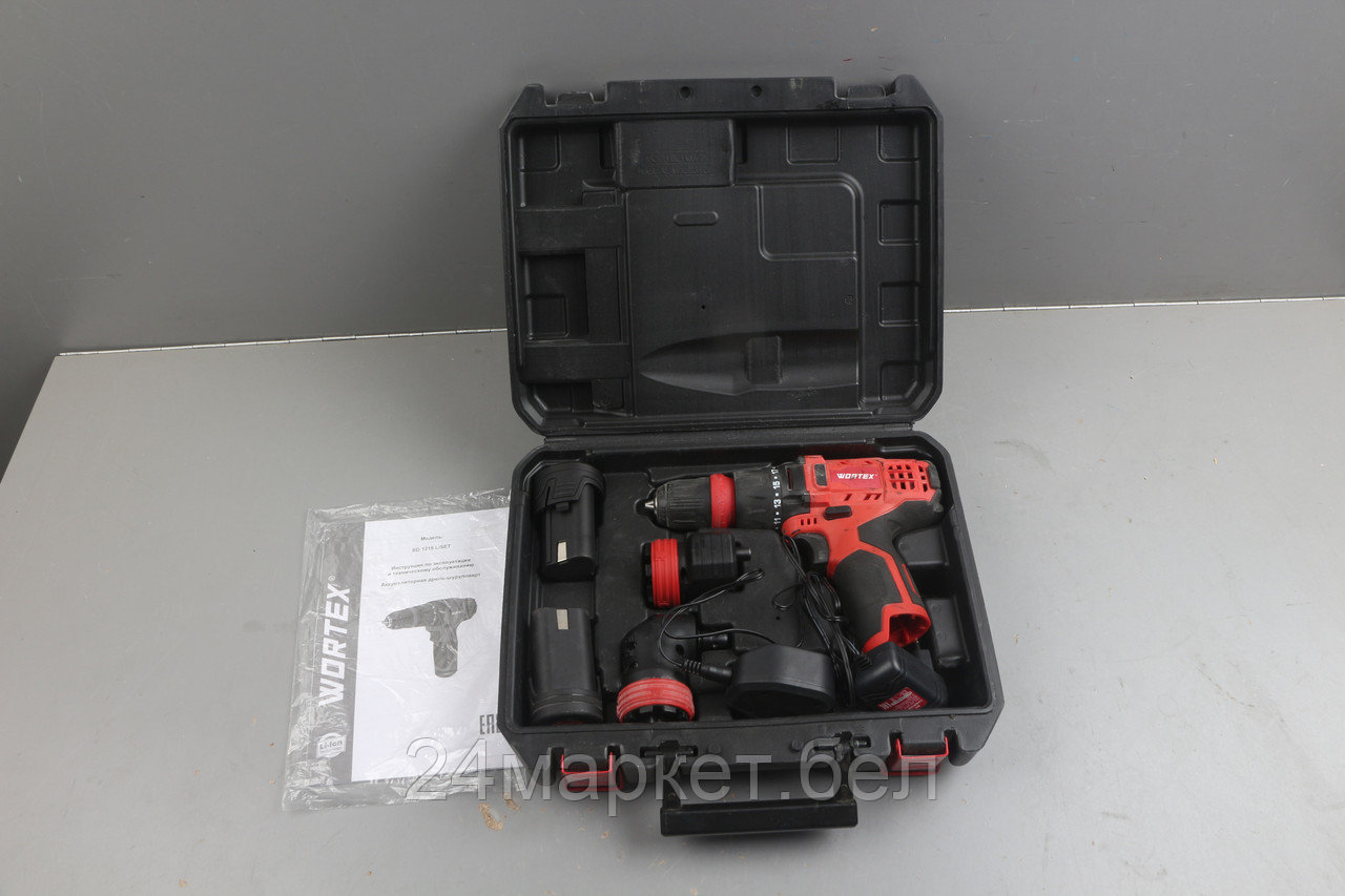 Аккум. дрель-шуруповерт WORTEX BD 1215 LiSET в чем. + 2 насадки, 12 В, 30 Н*м, 2х1.5 А*ч, БЗП 10 м (Быстросъемный патрон, шурупы до 6 мм) 1326469-у