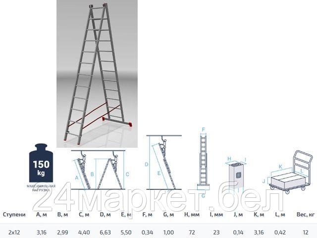 PRO STARTUL Россия Лестница алюм. 2-х секц. 299/550см 2х12 ступ., 12,0кг PRO STARTUL (ST9946-12)