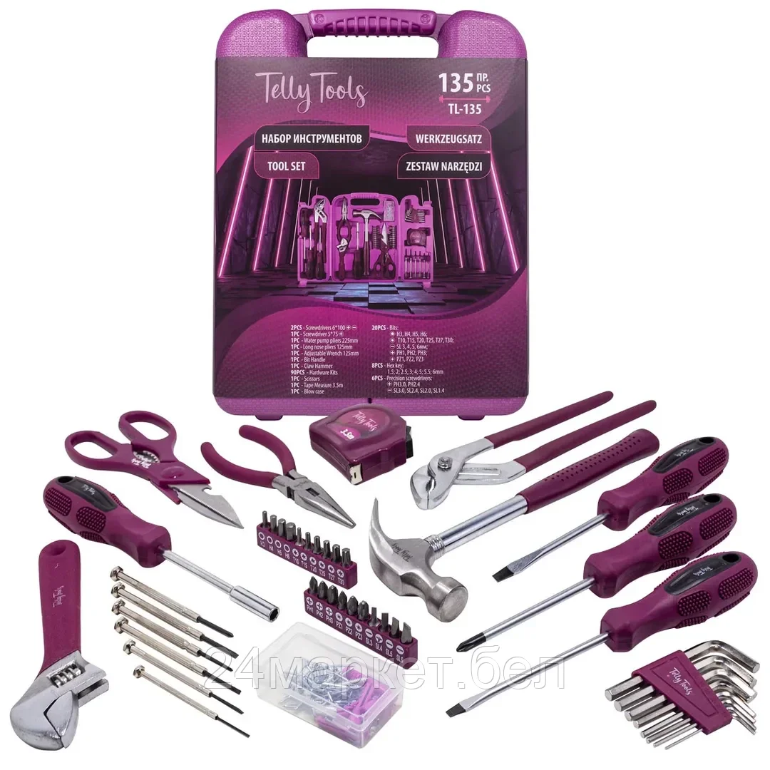 Набор инструментов 135пр.(шарнирно-губцевый,отвертки,биты,молоток,рулетка,расходник)в кейсе TELLY TOOLS TL-135