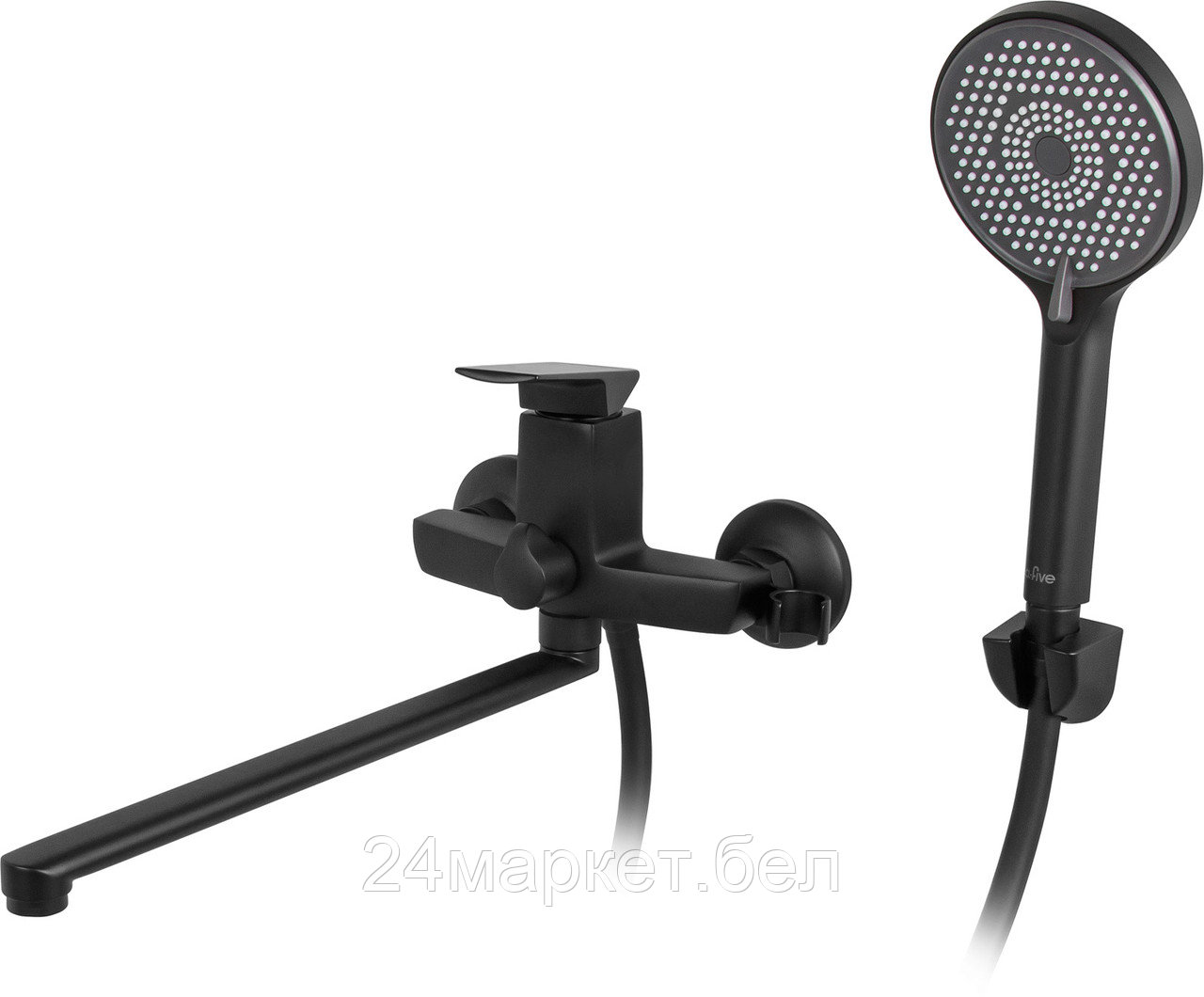 Смеситель для ванны (Lt) D35, серия Lily черный, a-five (На стену, L-излив 350 мм., поворотный. Лейка и шланг в комплекте.) A5-1233