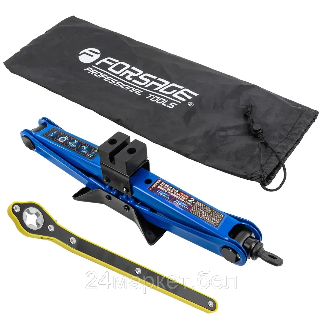 F-10152A Домкрат механический ''ромб' 2т (hmin115мм, hmax 400мм, L-420мм) в водоотталкивающем чехле в комплекте с ключом трещоточным Forsage