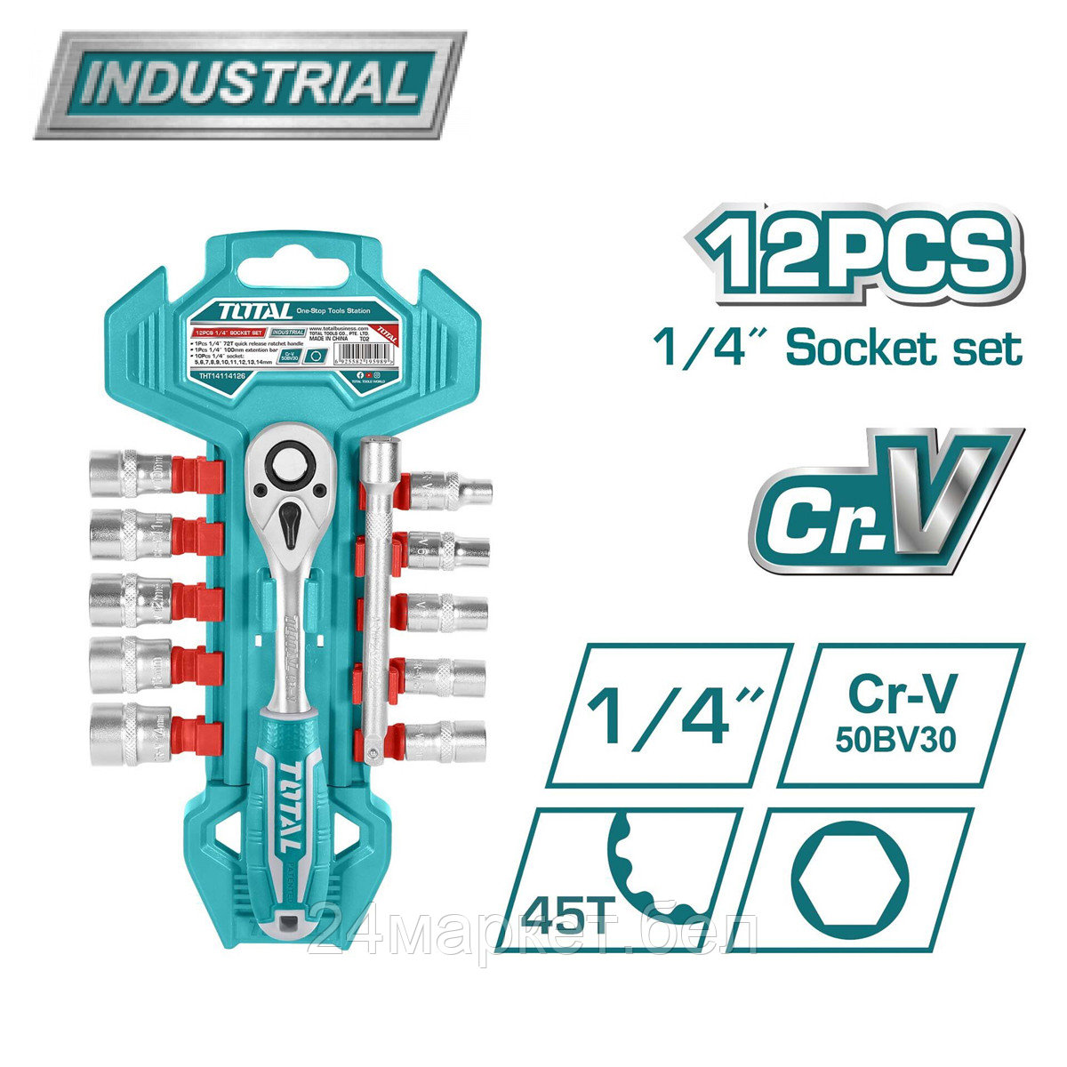 Вороток 1/4 " с набором головок TOTAL THT14114126 (12 предметов) THT14114126