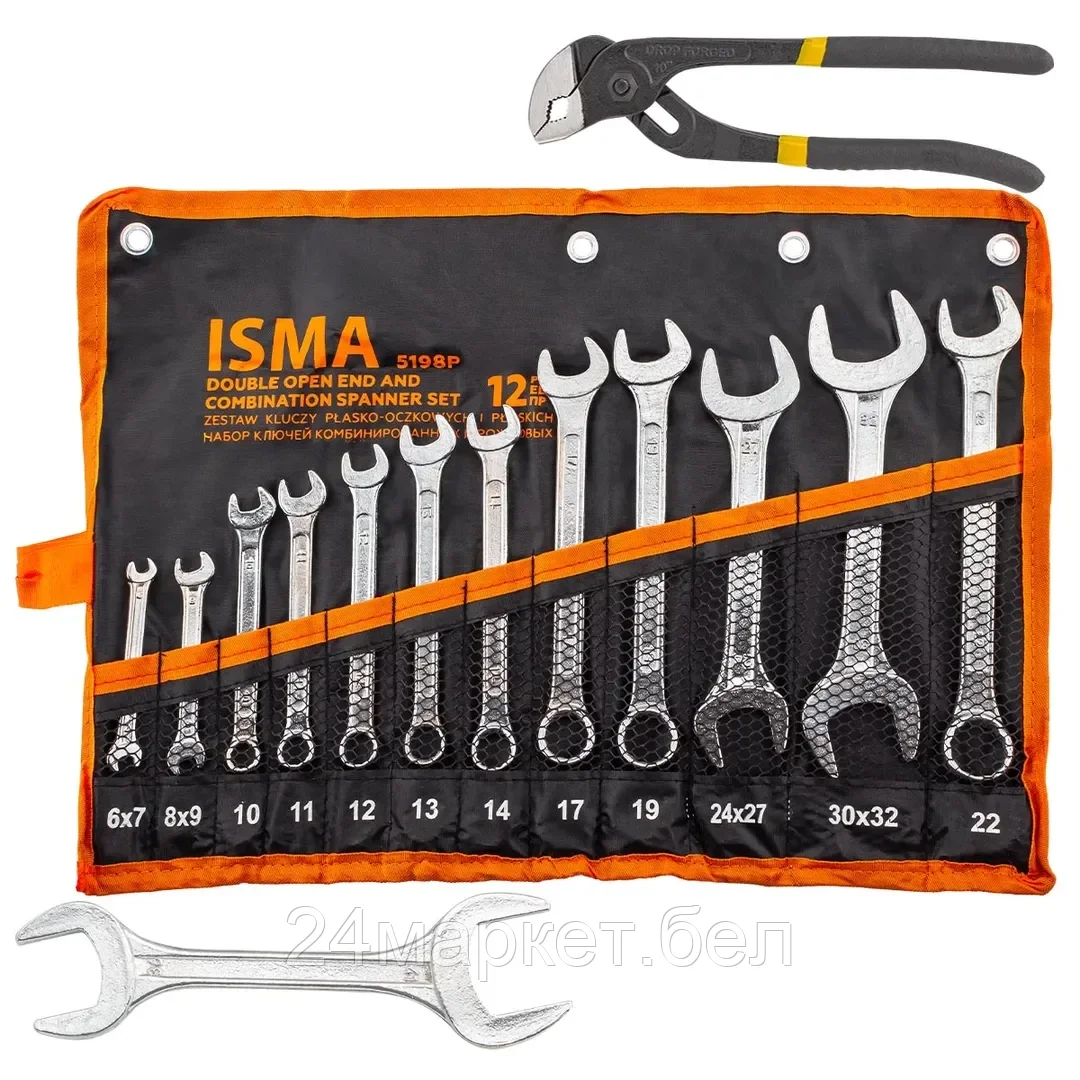 ISMA-5198P+2 Набор ключей комбинированных и рожковых 12+2пр. ISMA