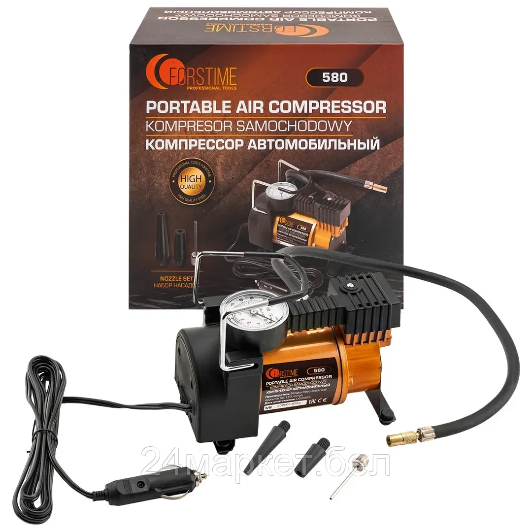 FT-580 Компрессор автомобильный поршневой одноцилиндровый с аналоговым манометром (12В, 10А, 30л/мин, 7бар) в комплекте с переносной сумкой FORSTIME