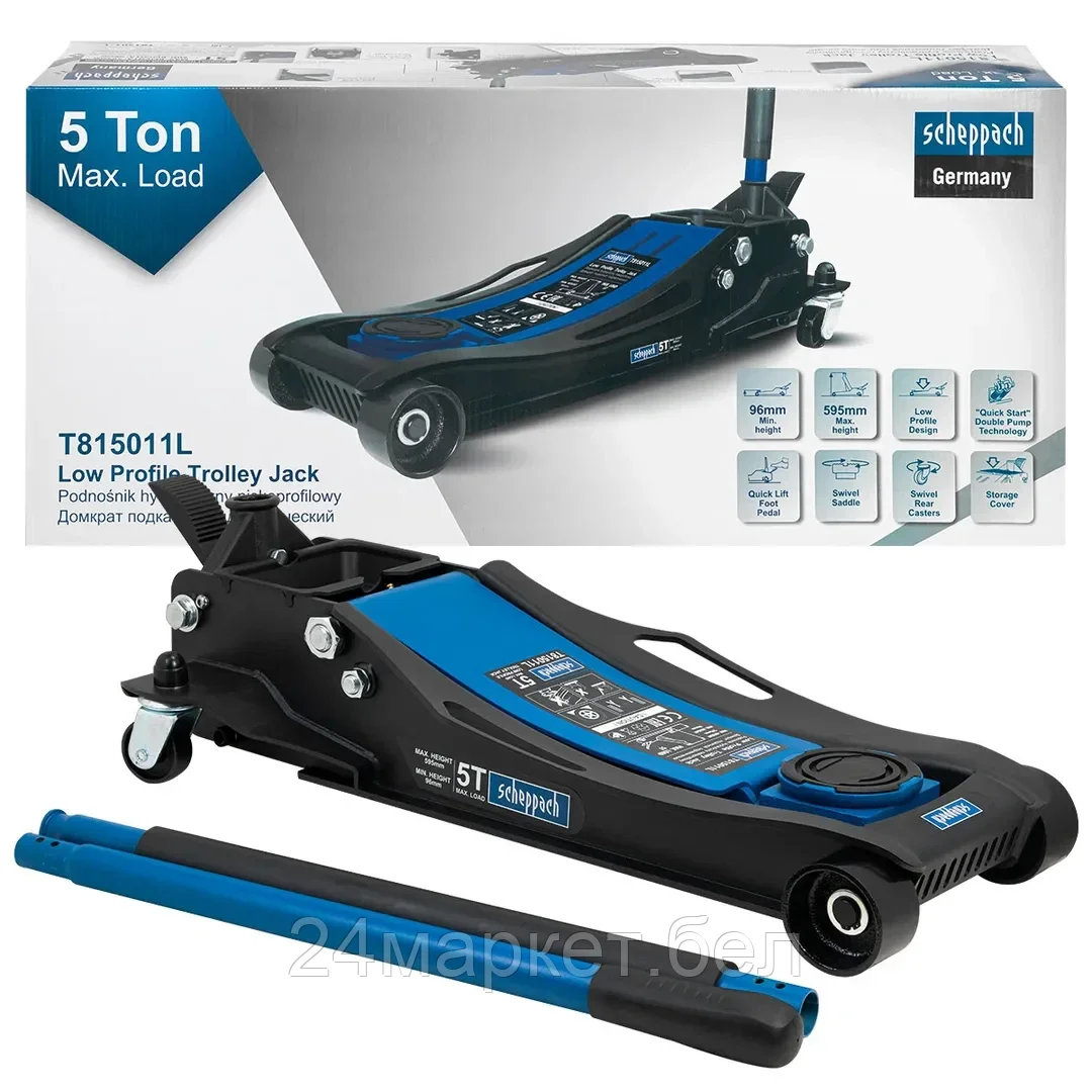 Sch-T815011L Домкрат подкатной гидравлический 5т (h min 96мм, h max 595мм),вес 49,50 Scheppach