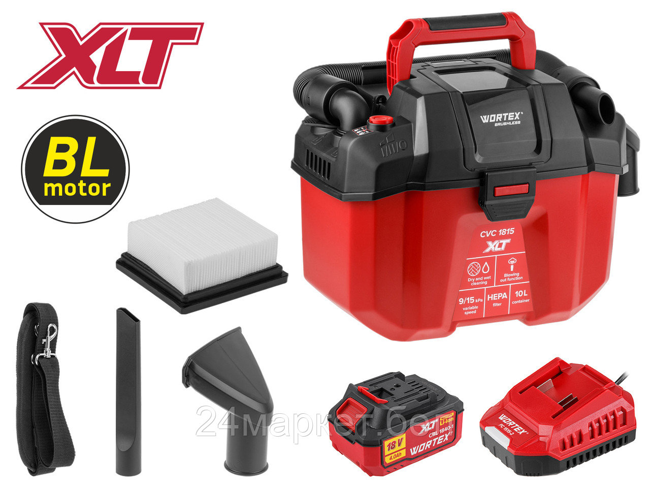 Аккум. пылесос WORTEX CVC 1815 в кор. XLT SET БЕСЩЁТ., 18 В, 9-15 кПа, 10 л, строительный