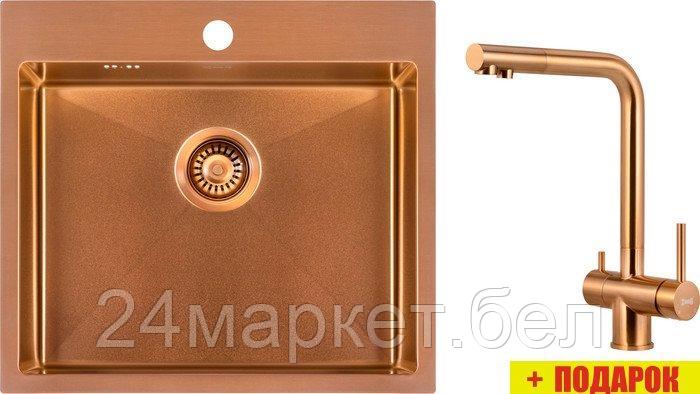 Кухонная мойка ZorG ZRN 5055 Nano PVD Gold Rosy + cмеситель ZorG ZRN 980144 Gold Rosy