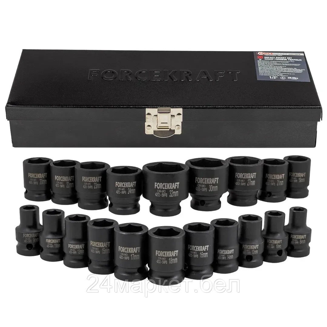 ForceKraft Набор головок ударных 20пр.,1/2"(8-24, 27, 30, 32мм), в металлическом кейсе FORCEKRAFT FK-4203-5MPB