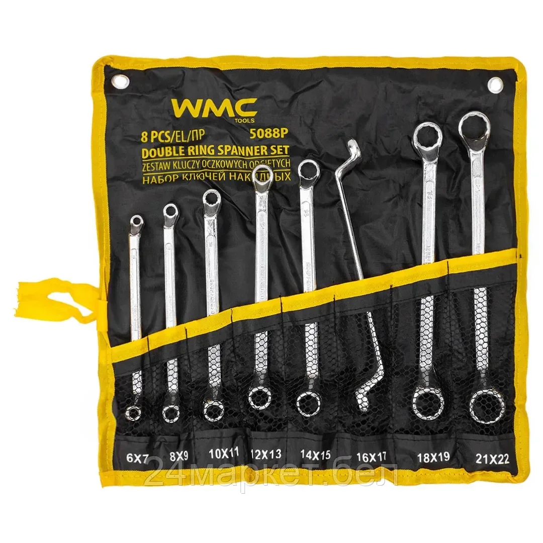 WMC-5088P Ключи накидные, отогнутые на 75град., набор 8пр. (6х7, 8х9, 10х11, 12х13, 14х15, 16х17, 18х19, 21х22мм) WMC TOOLS