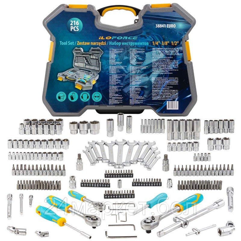 IF-38841 EURO ILOforce Набор инструментов 216пр. 1/4'', 3/8'', 1/2''(6гр.)(4-32мм)