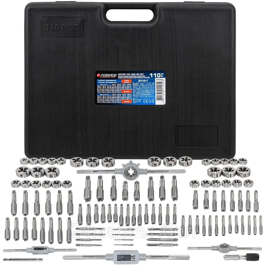 FORSAGE Набор метчиков и плашек 110пр. (метрич.) в пласт. кейсе Forsage F-B110-1