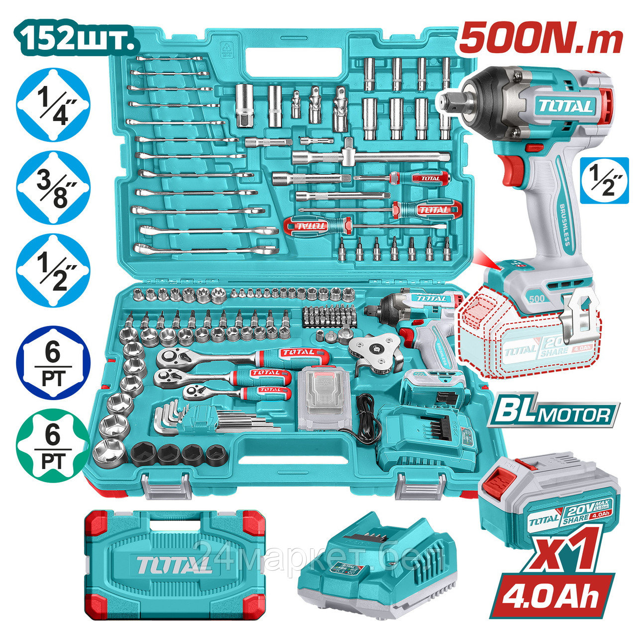 Total THKTHP31522 (гайковерт, 1 АКБ, набор инструментов)