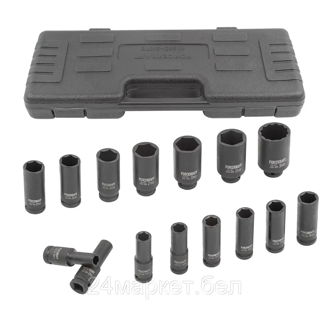 Набор головок ударных глубоких 15пр.,1/2" 6гр.(10,12-17,19,21,22,24,27,30,32мм,36мм-12гр), в пластиковом кейсе FORCEKRAFT FK-4166D-5MPB