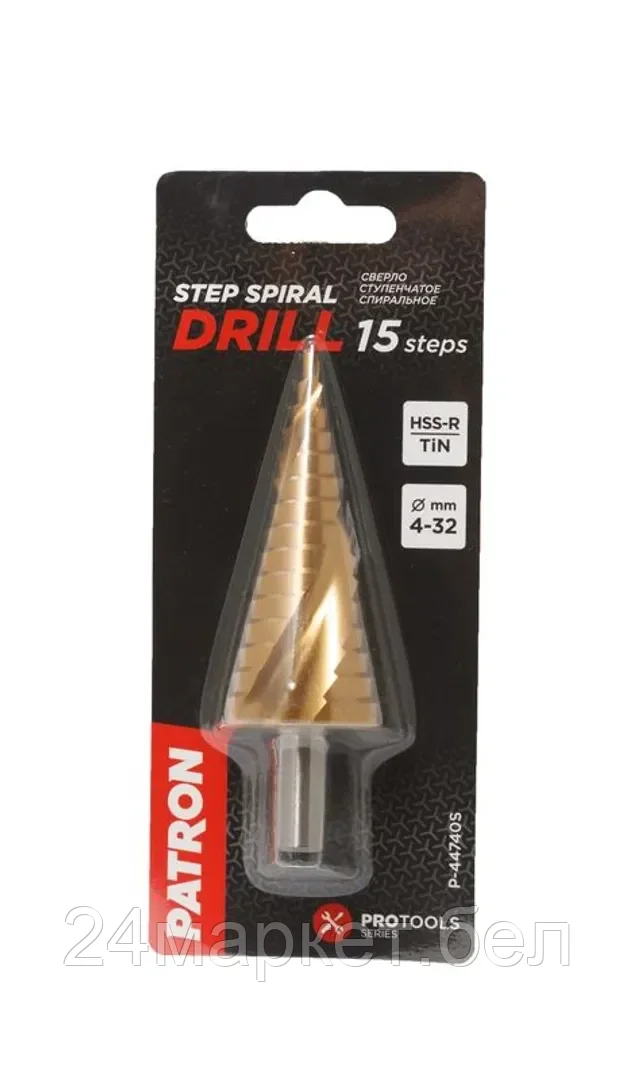 Сверло ступенчатое  спиральное HSS 4241(4-32мм), в блистере PATRON P-44740S