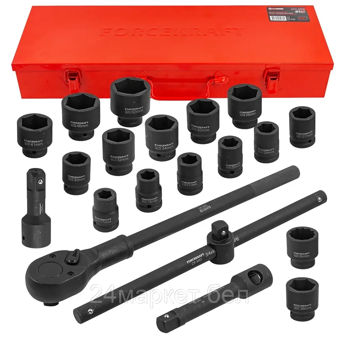 ForceKraft Набор инструментов ударных 21пр, 3/4" (6гр.)(17,19,21,22,24,27,30,32,34,35,36,36-12гр.,38,41,46,50мм), в метал. кейсе FORCEKRAFT FK-6212-5MPB