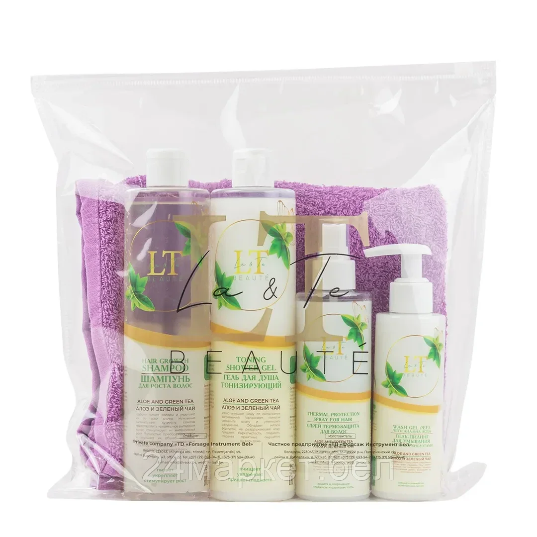 LT-47 Набор Алоэ и зеленый чай( гельдля душа.шампунь.спрей термозащита.гель-пилинг.полотенце 40*70.пакет 300*300) La and Te beaute