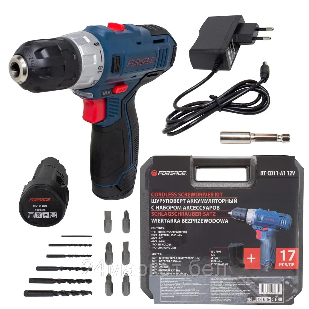 Шуруповерт аккумуляторный 12V,1.3Ah патрон 0,8-10мм(2 шт Li-ion, индикатор зарядки .сверло 1.5,2,3,4,5,6мм.биты PH1,2 PZ1,2,SL5,6 и битодержатель) в к Forsage F-BT-CD11-A1 12V