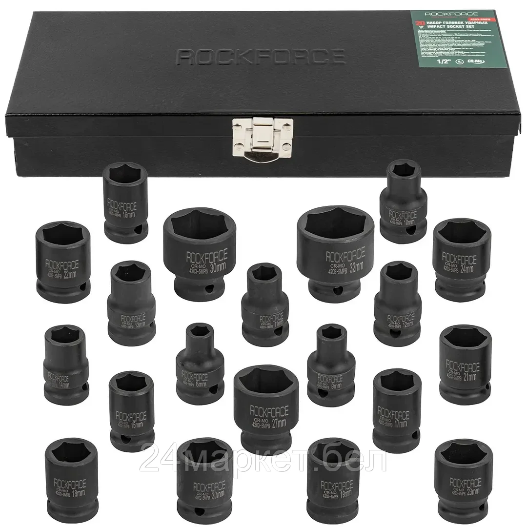 Набор головок ударных 20пр.,1/2"(8-24, 27, 30, 32мм), в металлическом кейсе Rock FORCE RF-4203-5MPB
