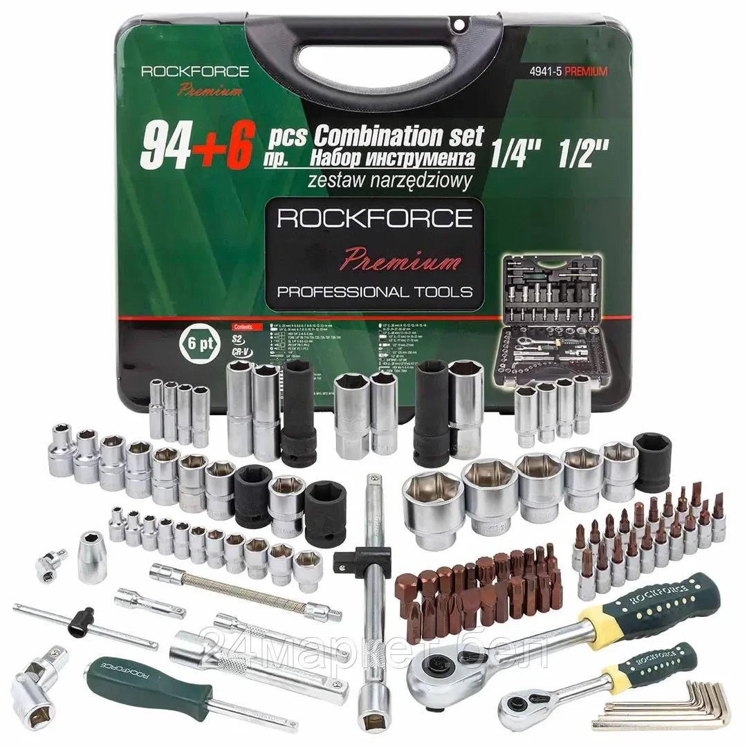 Rock FORCE Набор инструментов 94+6пр.1/4",1/2"(6гр.)+(головка-бита1/4":T40;биты 5/16":М5,6,8,10,12,14;головка 1/2"8мм;ключиГ-обр.:4,5,6мм,T20H,T25H) Rock FORCE RF-4941-5 PREMIUM