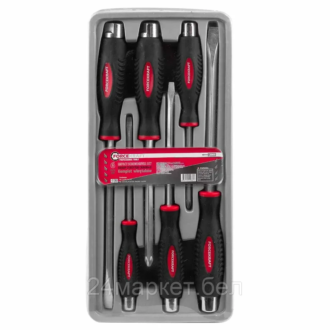 ForceKraft Набор отверток силовых магнитных "Profi" S2, 6пр. (PH:2x100, 3x150мм; SL 5.5х125, 6.5х150, 10х200, 12х200мм)в лотке FORCEKRAFT FK-2069