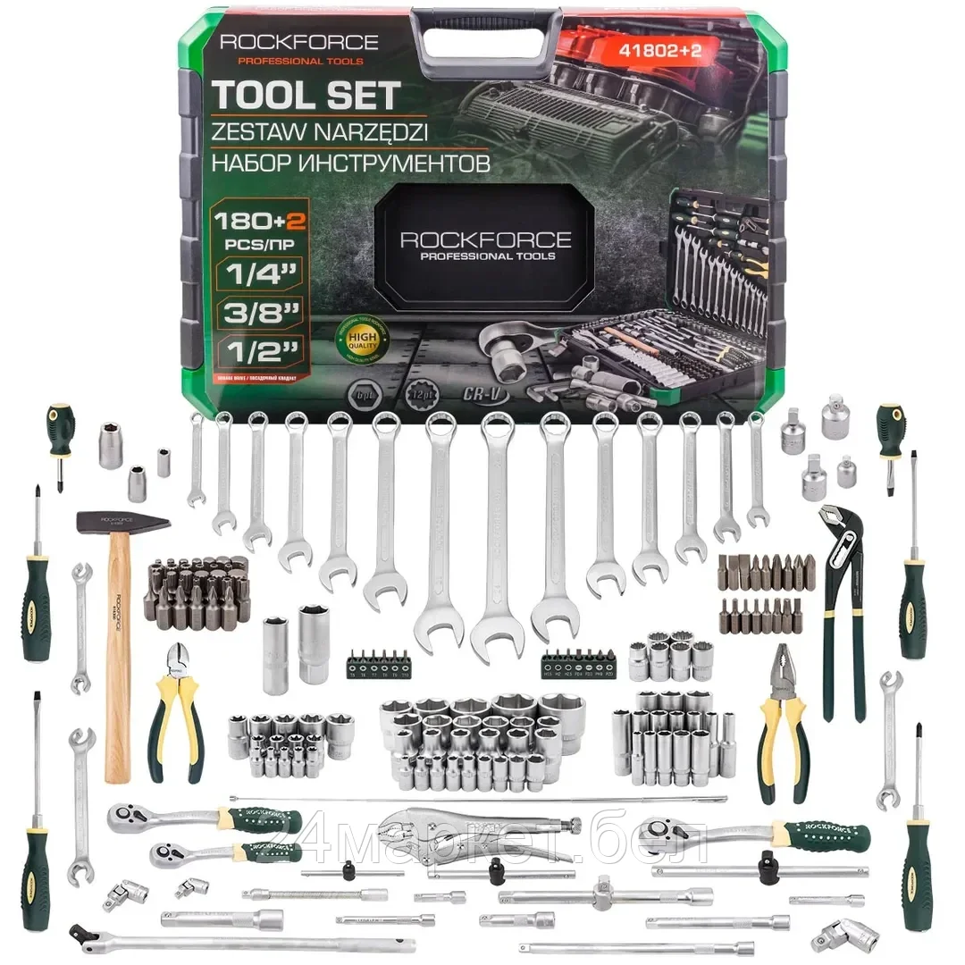 RF-41802+2 Набор инструментов 180+2пр. 1/4", 3/8", 1/2" (6гр.,12гр.) RockFORCE