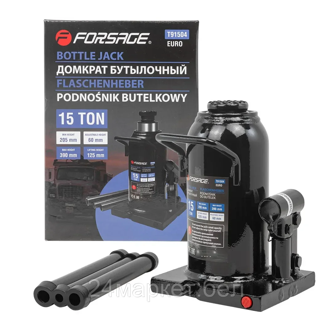 FORSAGE Домкрат бутылочный 15т с клапаном (высота подхвата-205мм, высота подъема-390мм) Forsage F-T91504