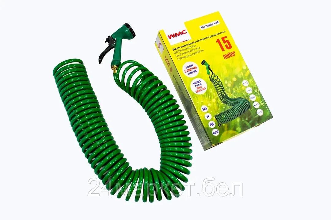 WMC TOOLS Шланг витой садовый ПВХ 12ммх15м в комплекте с пистолетом-распылителем (5 режимов распыления, 8bar) WMC TOOLS TG7106004-15M