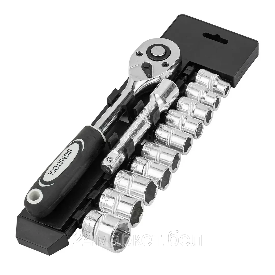 Sigmatool-4123 SIGMATOOL Набор головок с трещоткой и удлинителем 12пр.1/2''(6гр)(8,10,12-15,17,19,21,24мм),в пласт. Держателе