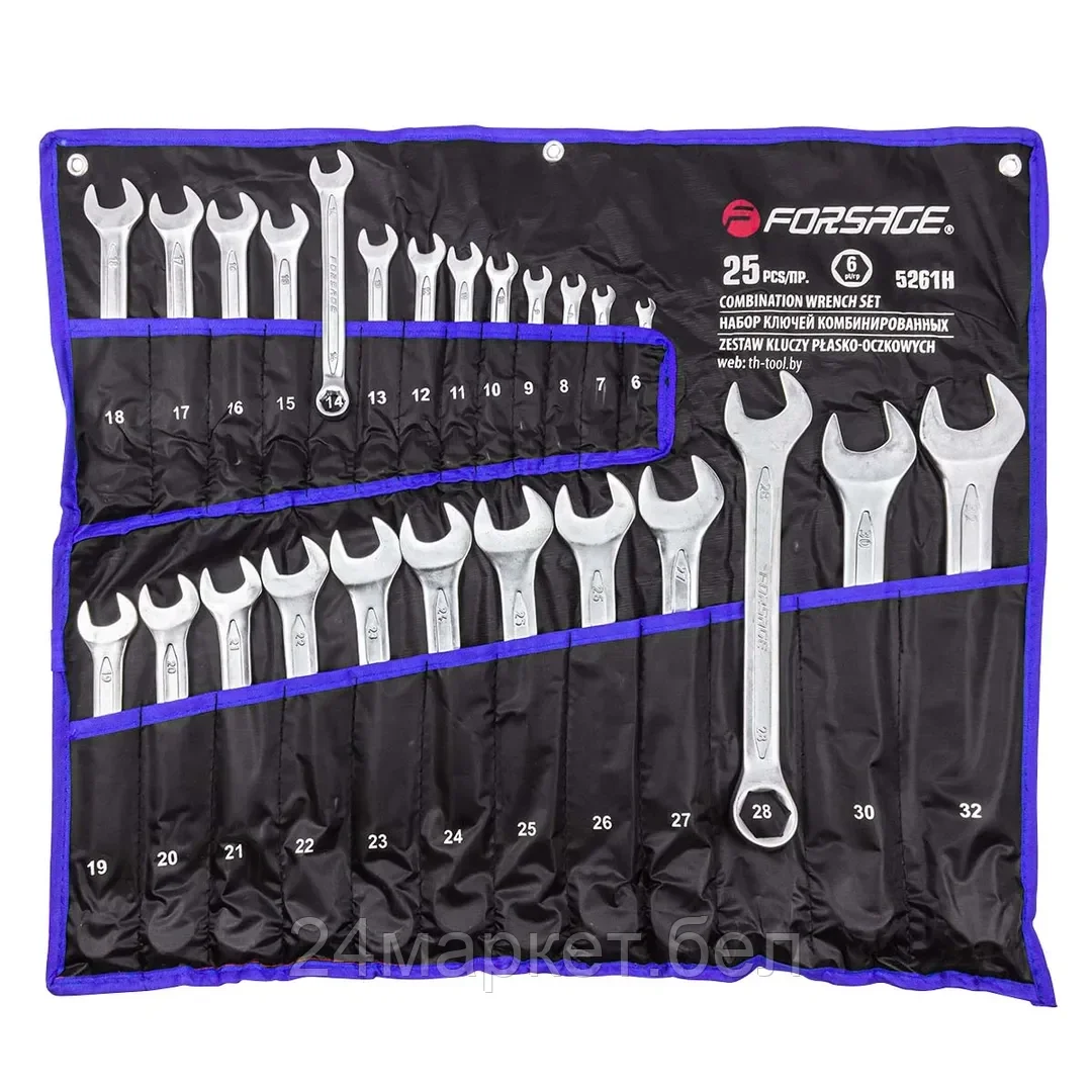 FORSAGE Набор ключей комбинированных 6гр., 26пр. (6-28, 30, 32мм), на полотне