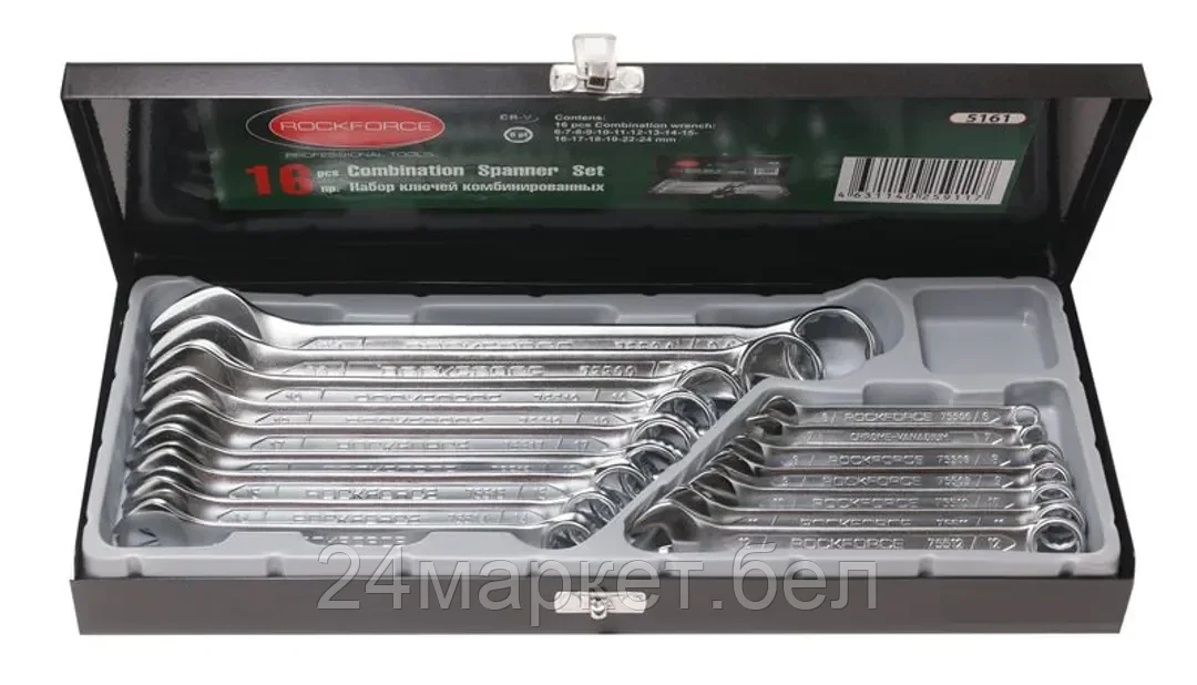 Rock FORCE Набор ключей комбинированных 16пр.(6-19, 17,22, 24мм),в металл. кейсе Rock FORCE RF-5161