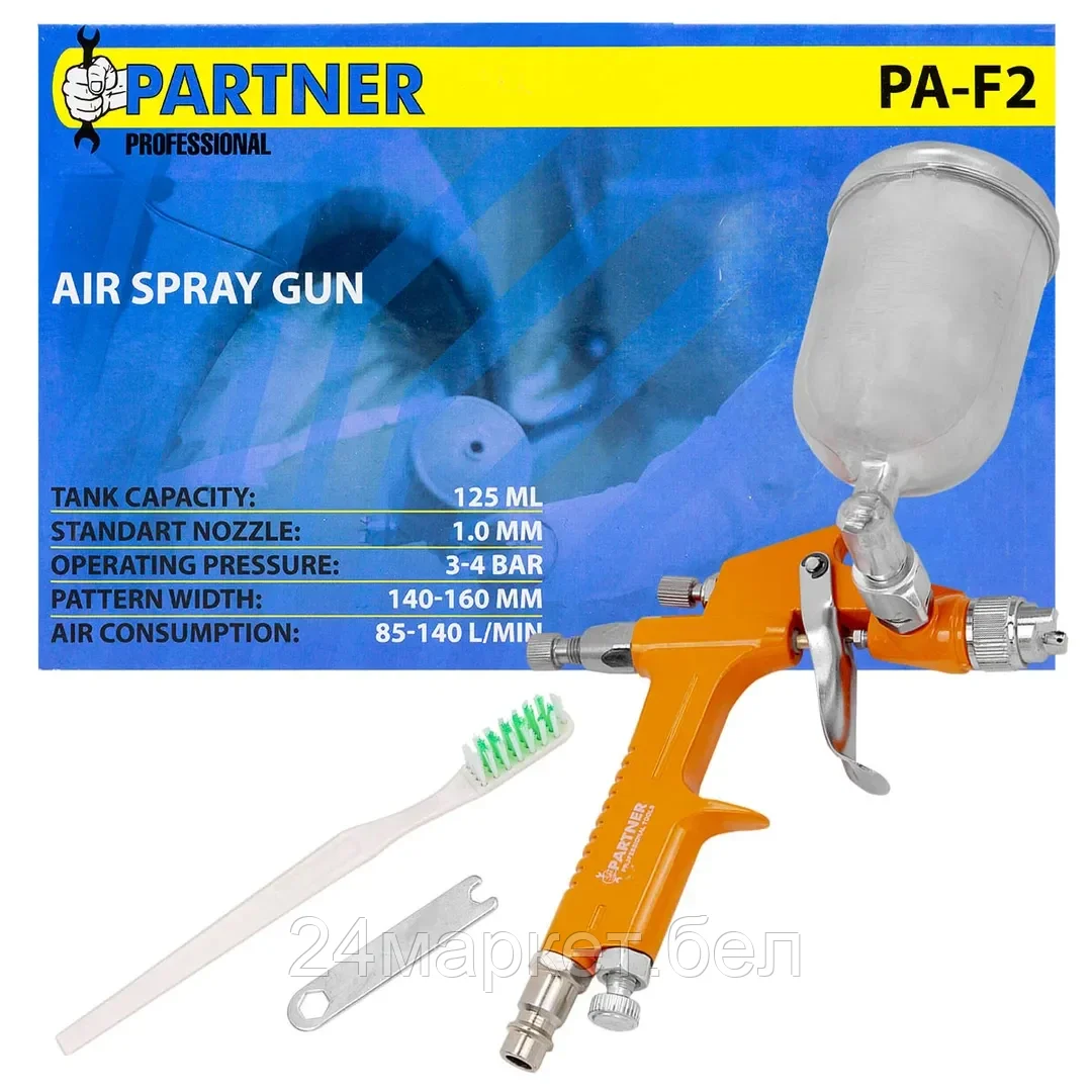 Partner Краскораспылитель мини с боковым метал. бачком (200мл, 1.0мм, 2.0bar, 50-100 л/мин, присоед. резьба 1/4") Partner PA-F2