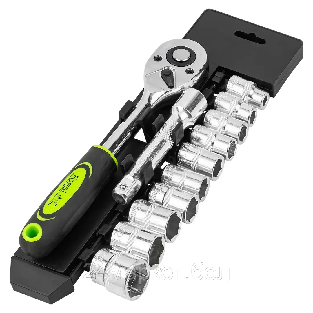 FL-4123 ForsLine Набор головок с трещоткой и удлинителем 12пр.1/2''(6гр)(8,10,12-15,17,19,21,24мм),в пласт. Держателе