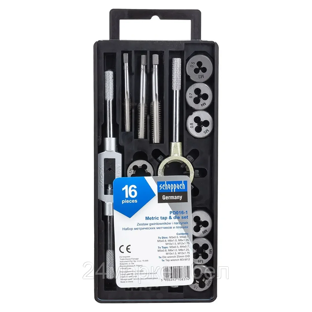 Sch-PD016-1 Набор метчиков и плашек метрический 16пр. (М3х0.5, М4х0.7, М5х0.8, М6х1, М8х1.25, М10х1.5, М12х1.75) Scheppach