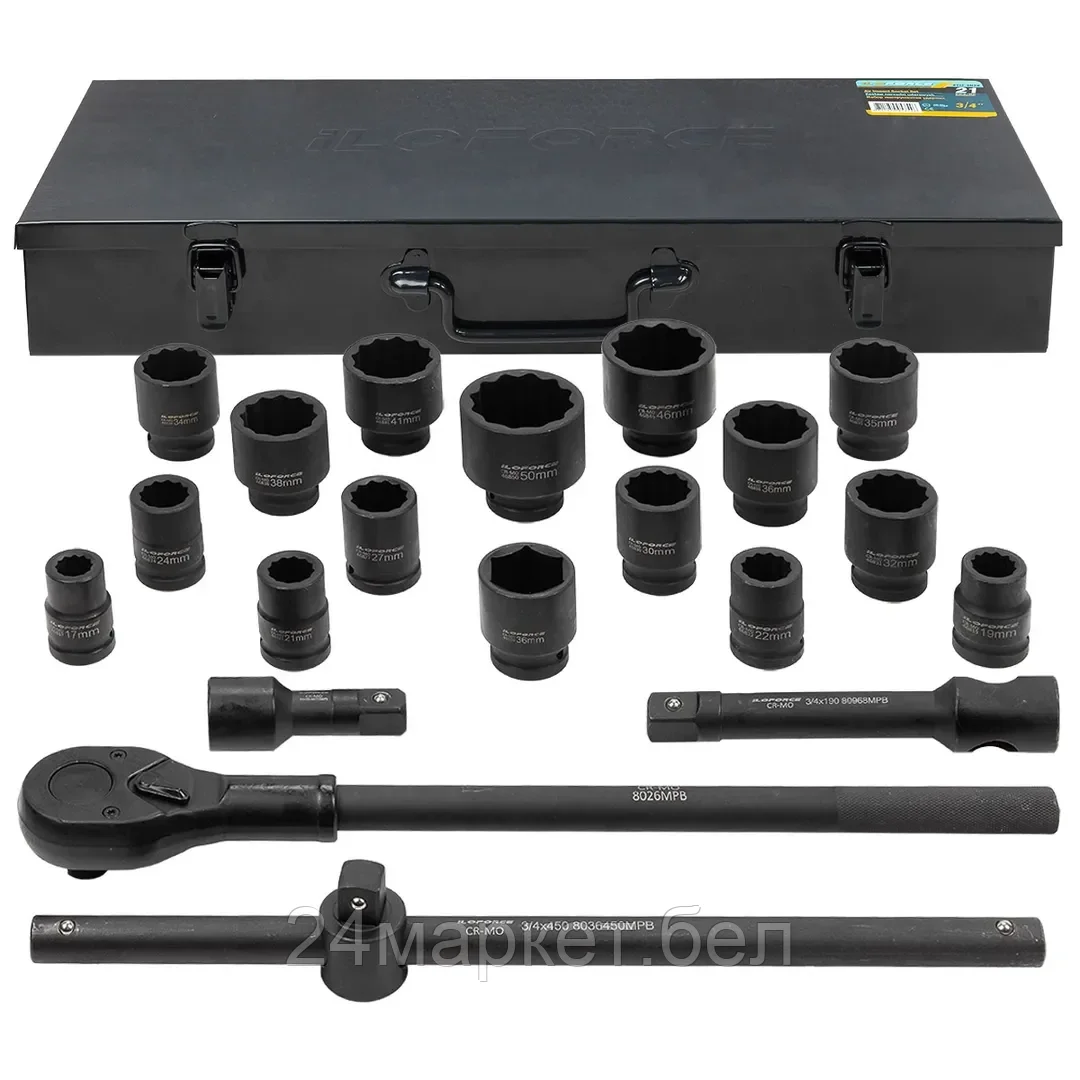 IF-6212-9MPB ILOforce Набор инструментов ударных 21пр, 3/4" (12гр.)(17,19,21,22,24,27,30,32,34,35,36,36-12гр.,38,41,46,50мм), в метал. кейсе
