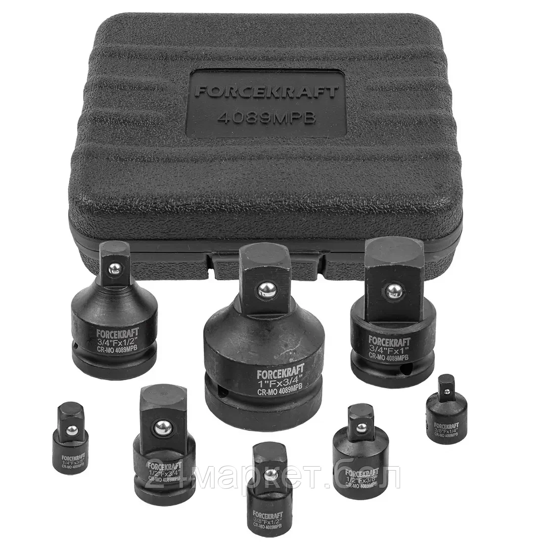 Набор адаптеров ударных,8пр(1/4(F)x3/8"(M),3/8(F)x1/4"(M),3/8(F)x1/2"(M),1/2(F)x3/8"(M),1/2(F)x3/4"(M),3/4(F)x1/2"(M),3/4(F)x1"(M),1(F)x3/4"(M)в кейсе FORCEKRAFT FK-4089MPB