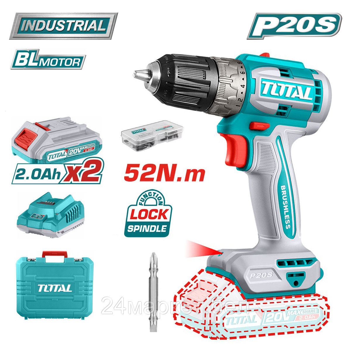 Дрель-шуруповерт Total TDLI20453 (с 2-мя АКБ, кейс)