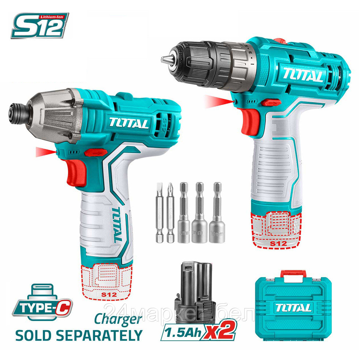 Total TOSLI240586 (шуруповерт, винтоверт, 2 АКБ, кейс)