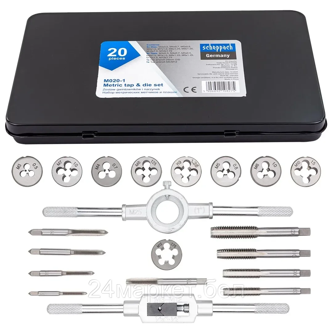Sch-M020-1 Набор метчиков и плашек метрический 20пр.  (М3х0.5, М4х0.7, М5х0.8, М6х1, М7х1, М8х1.25, М9х1.25, М10х1.5, М12х1.75) Scheppach