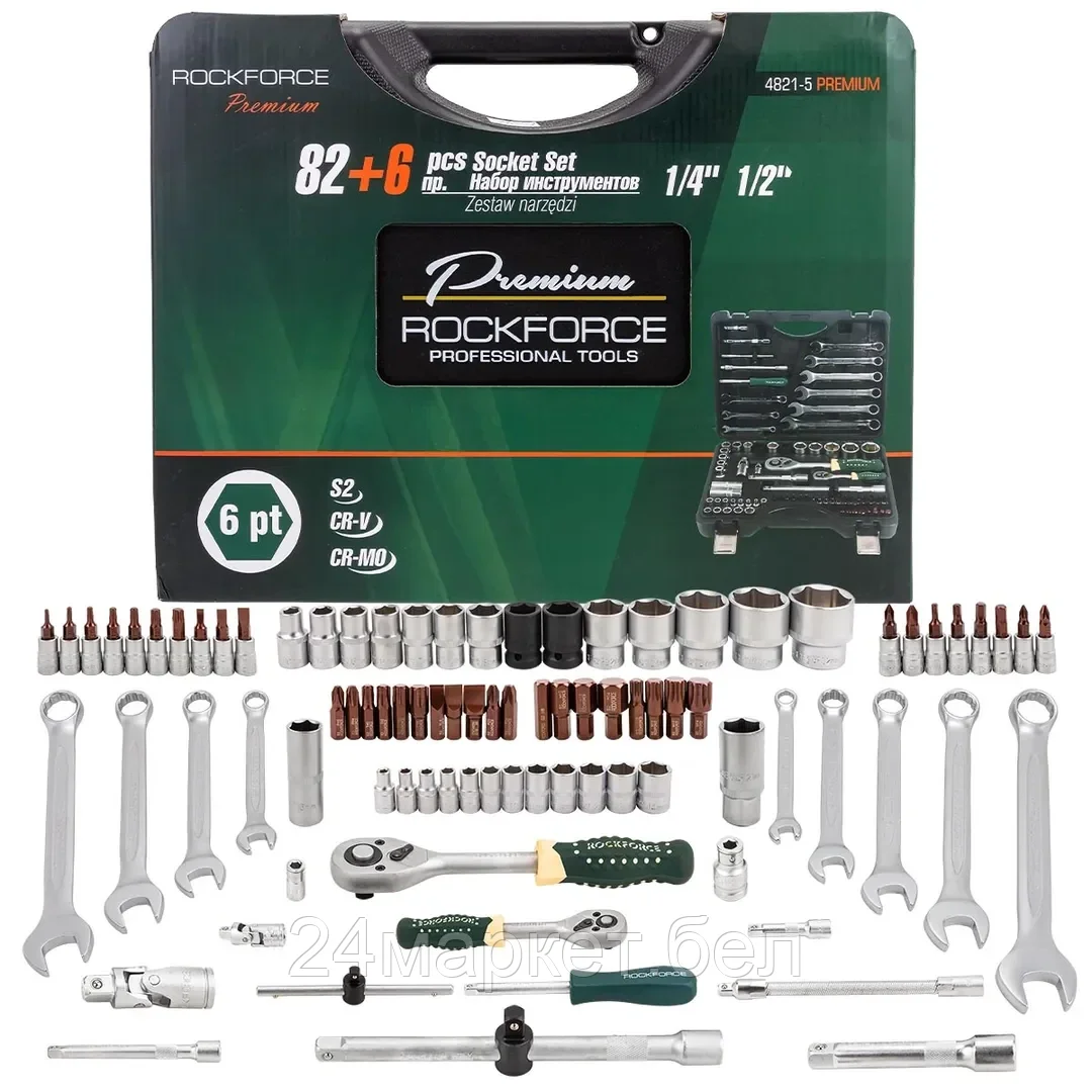 Rock FORCE Набор инструментов 82+6пр.1/4"1/2"(6гр.)+(головка-бита 1/4" T40; биты 5/16": М8,10,12,14;головки 1/2": 10,12,13мм;ключи комбинир.:15,16мм) Rock FORCE RF-4821-5 PREMIUM