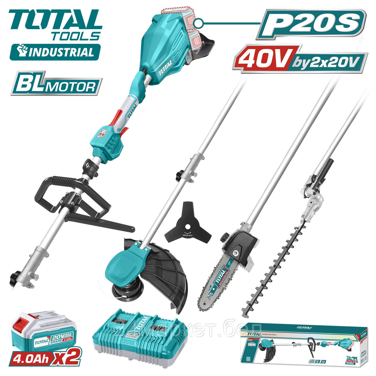 Триммер-кусторез аккумуляторный 3 насадки TOTAL TSTLI2040386